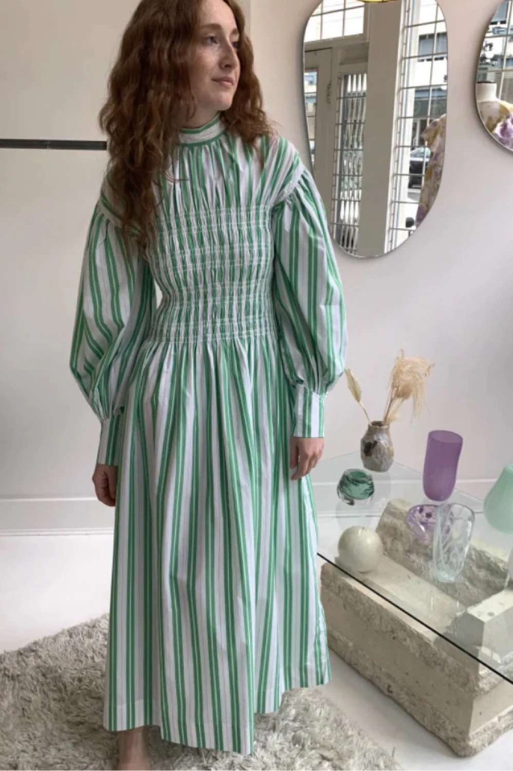 ganni green dress Smocked Satin Maxi Made with 70% recycled polyester and 30% polyester Rent Ganni Green Dress UK
