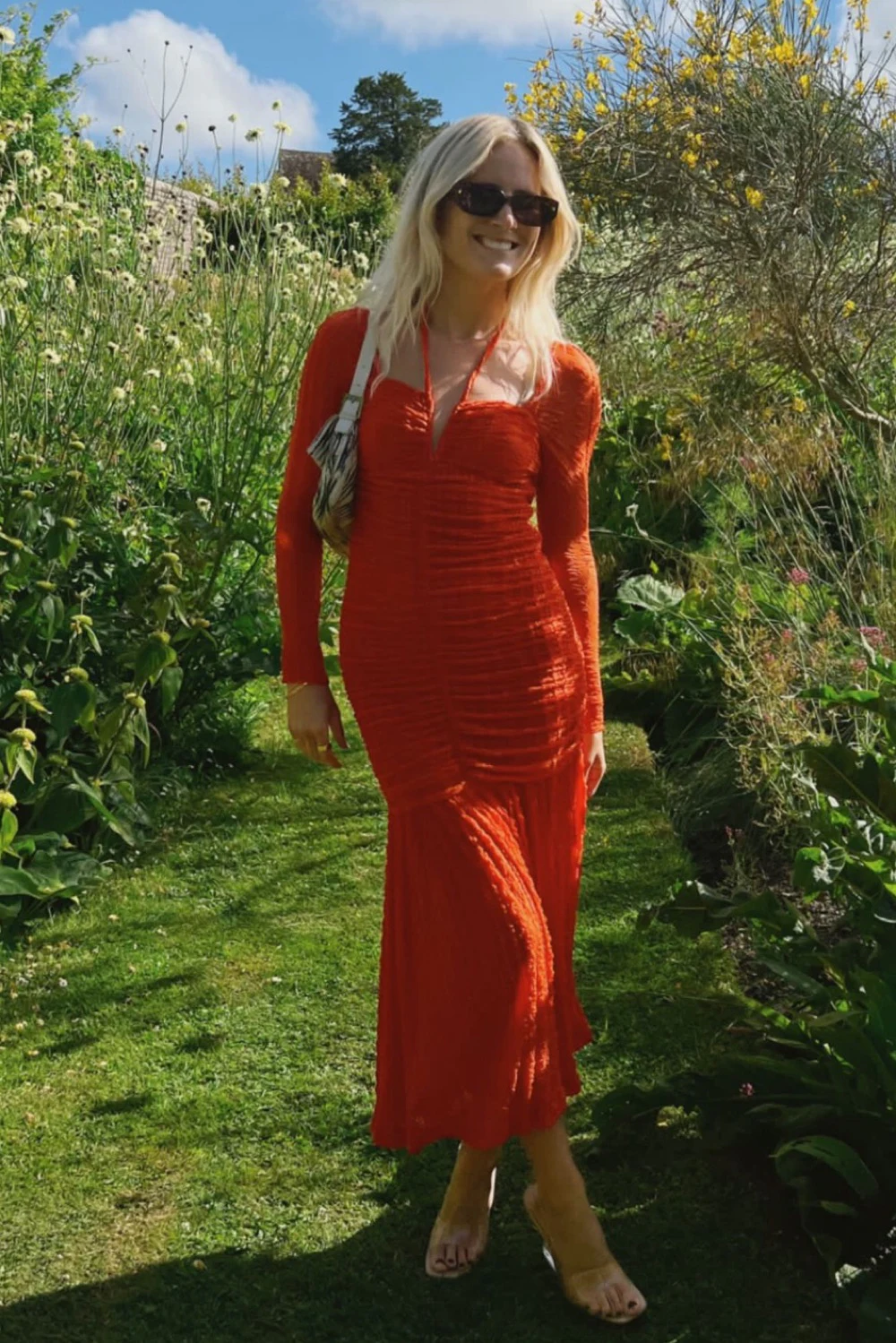 ganni orange ruched dress GANNI Ruched Stretch-Cloqu Midi Dress