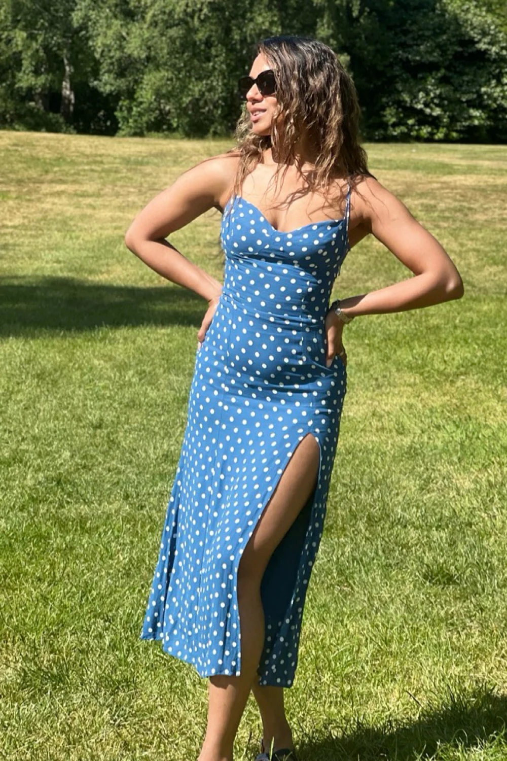 reformation blue polka dot dress Reformation Maeva Polka Dot Midi Dress - Dream Dot - 50% Off