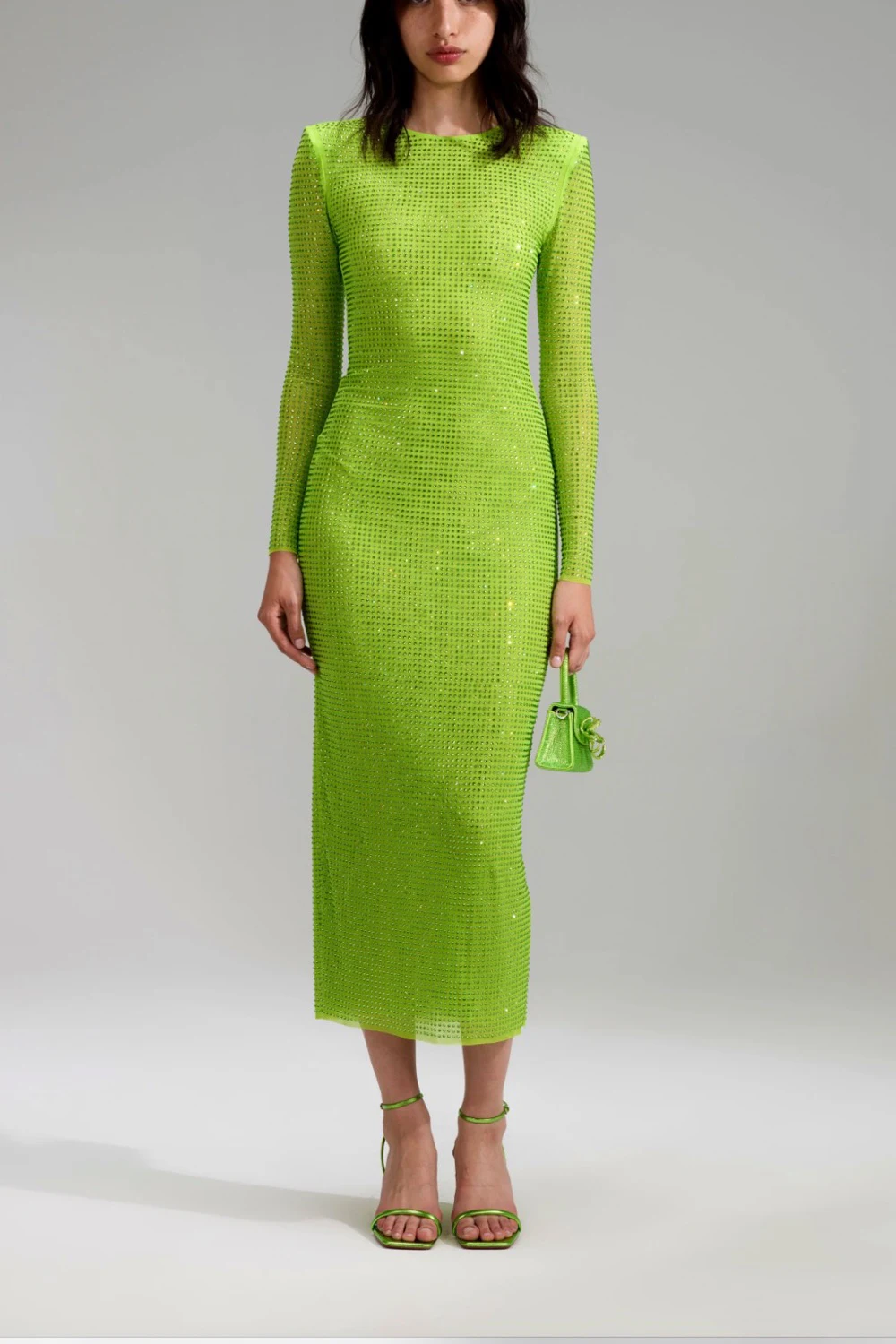 green emerald velvet dress Lime Boucle Midi Dress – self-portrait-US