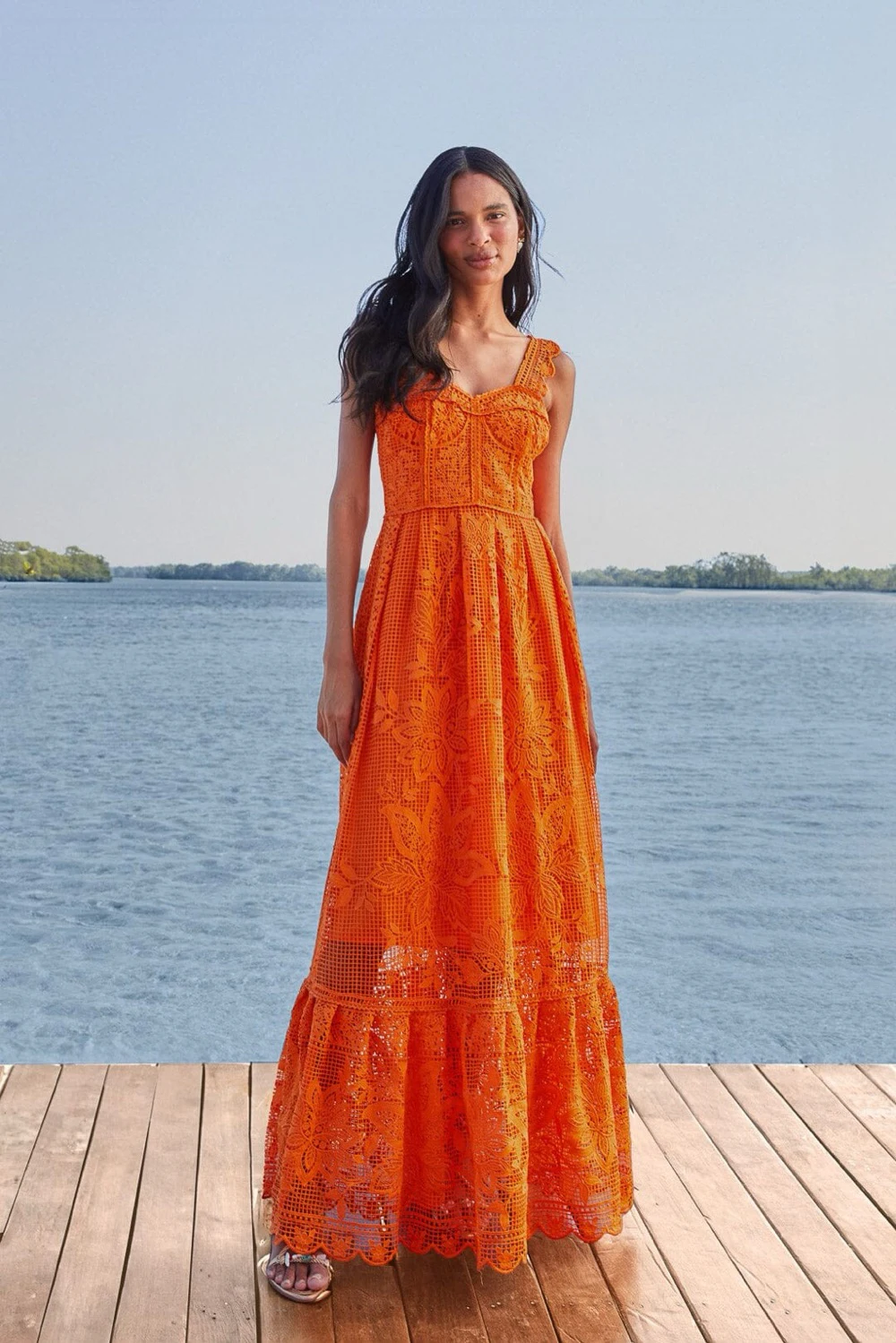farm rio orange guipure sleeveless maxi dress Rent Farm Rio Orange Dress UK 6