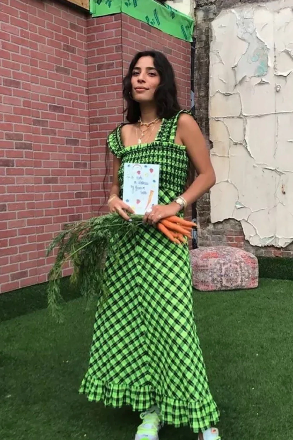 ganni green gingham dress NYLAND Zora Floral Printed 3/4 Balloon Sleeve Dress