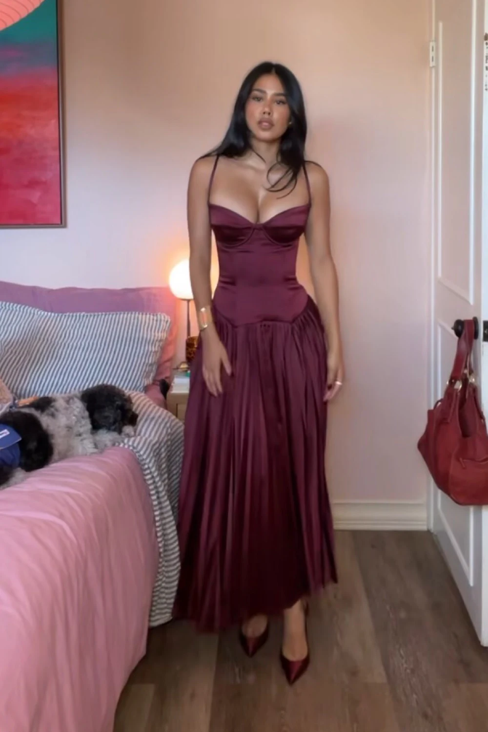 house of cb beau wine pleated midi dress Rent House Of Cb Burgundy Dress UK 6