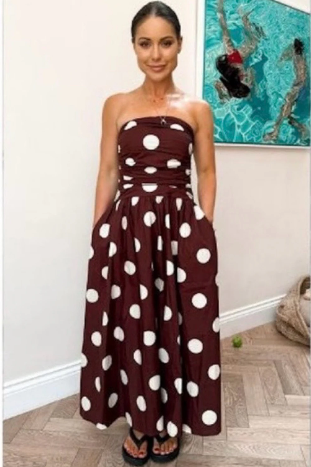 brown polka dot bandeau felicity midi dress Rent Nobody's Child Felicity Midi Dress Brown