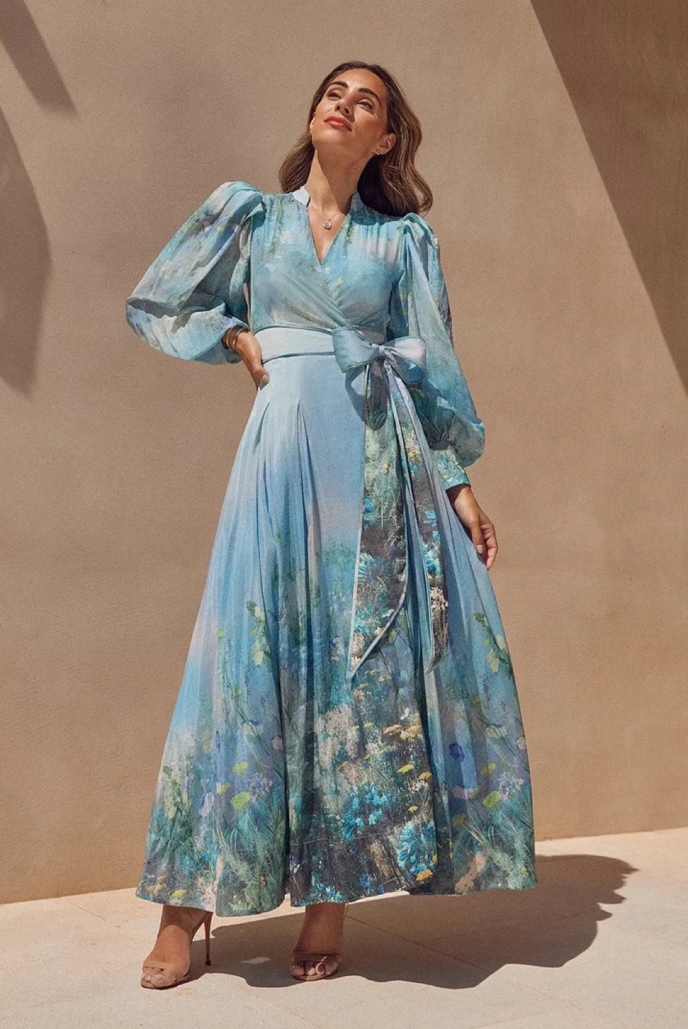 karen millen blue silk dress Karen Millen Satin Twill Trim Detail Structured Asymmetric Neck Tailored Midi Dress in Pale Blue