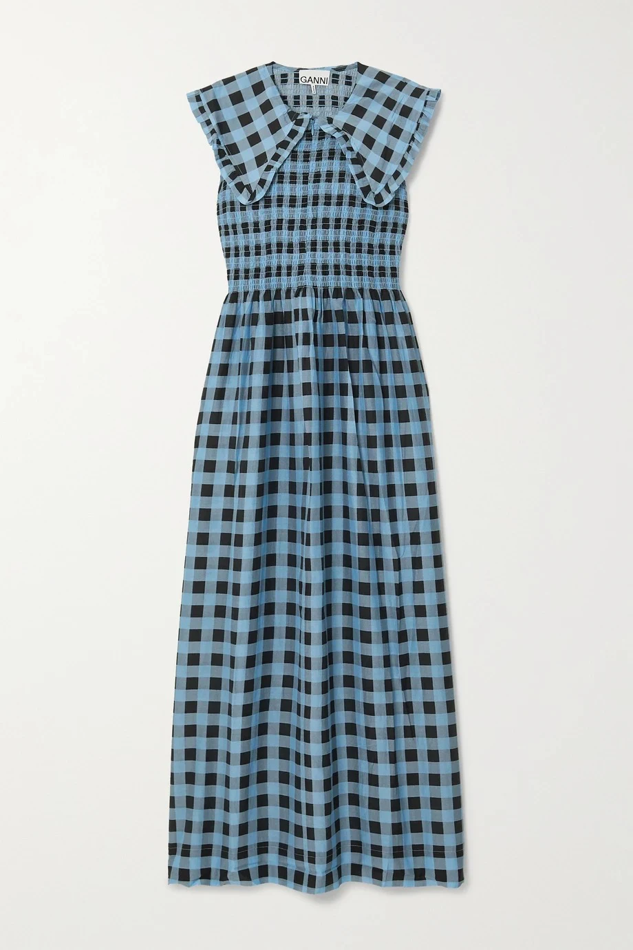 ganni blue checkered dress GANNI light blue ruffled seersucker checked dress  BOREAL REBORN