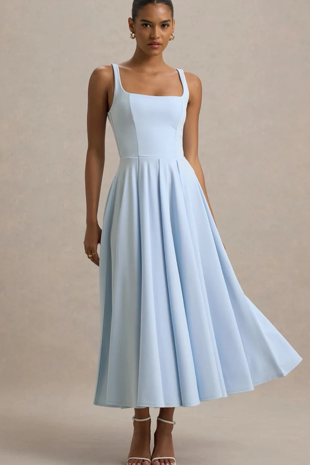 blue dress uk Azurine Cobalt Blue Satin-Feel Midi Dress With Long Sleeves - M